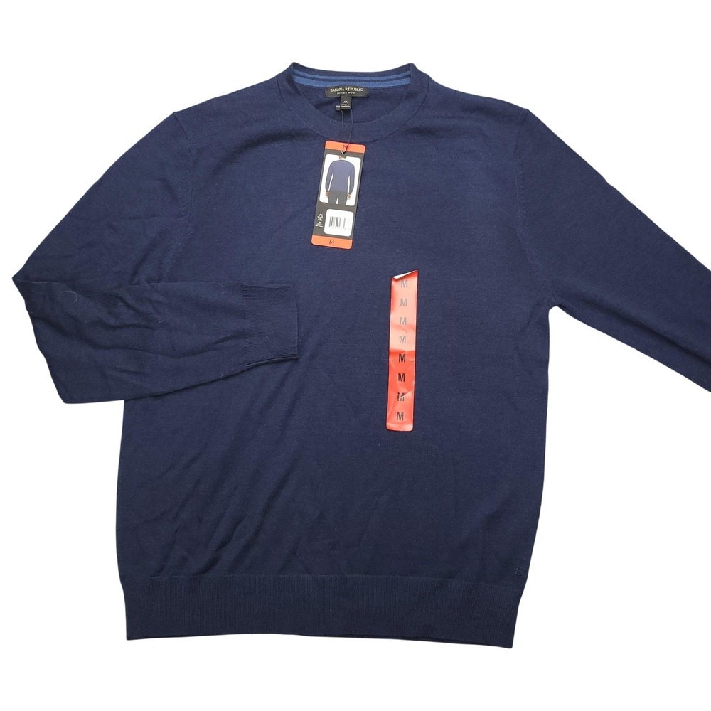 Banana Republic Sweater Mens M Blue Merino Wool Crewneck Knit Pullover‎ Solid